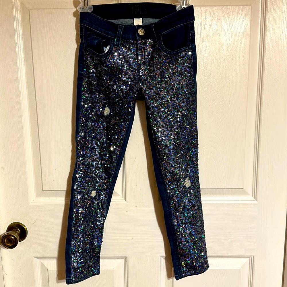 Never worn! Justice girls distressed sequin skinny jeans size 8